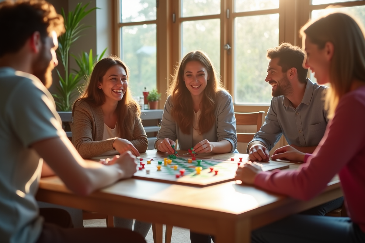 Groupe d'amis jouant à un jeu de société lumineux