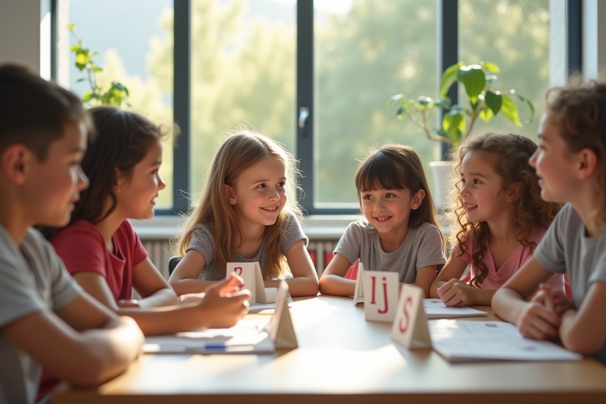 Groupe d'enfants autour d'une table en classe lumineuse
