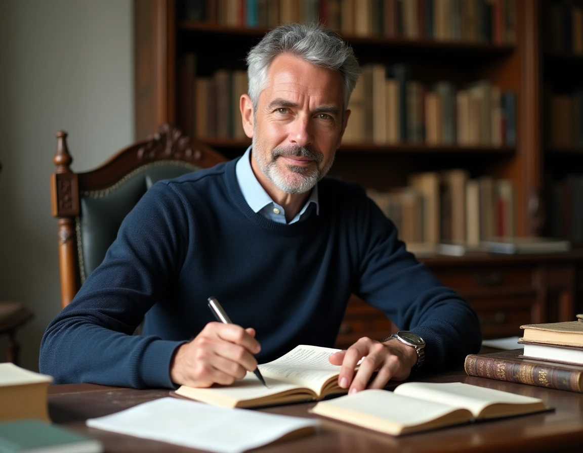 Homme consultant des ouvrages de référence pour associer prénoms italiens et noms de famille français dans un bureau