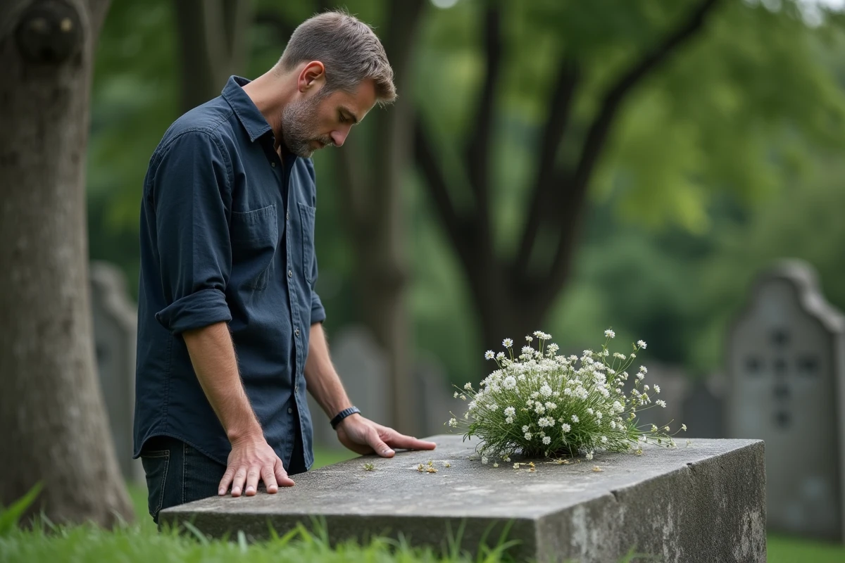 Homme déposant des fleurs sur la tombe de son père lors de son anniversaire, geste de recueillement au cimetière