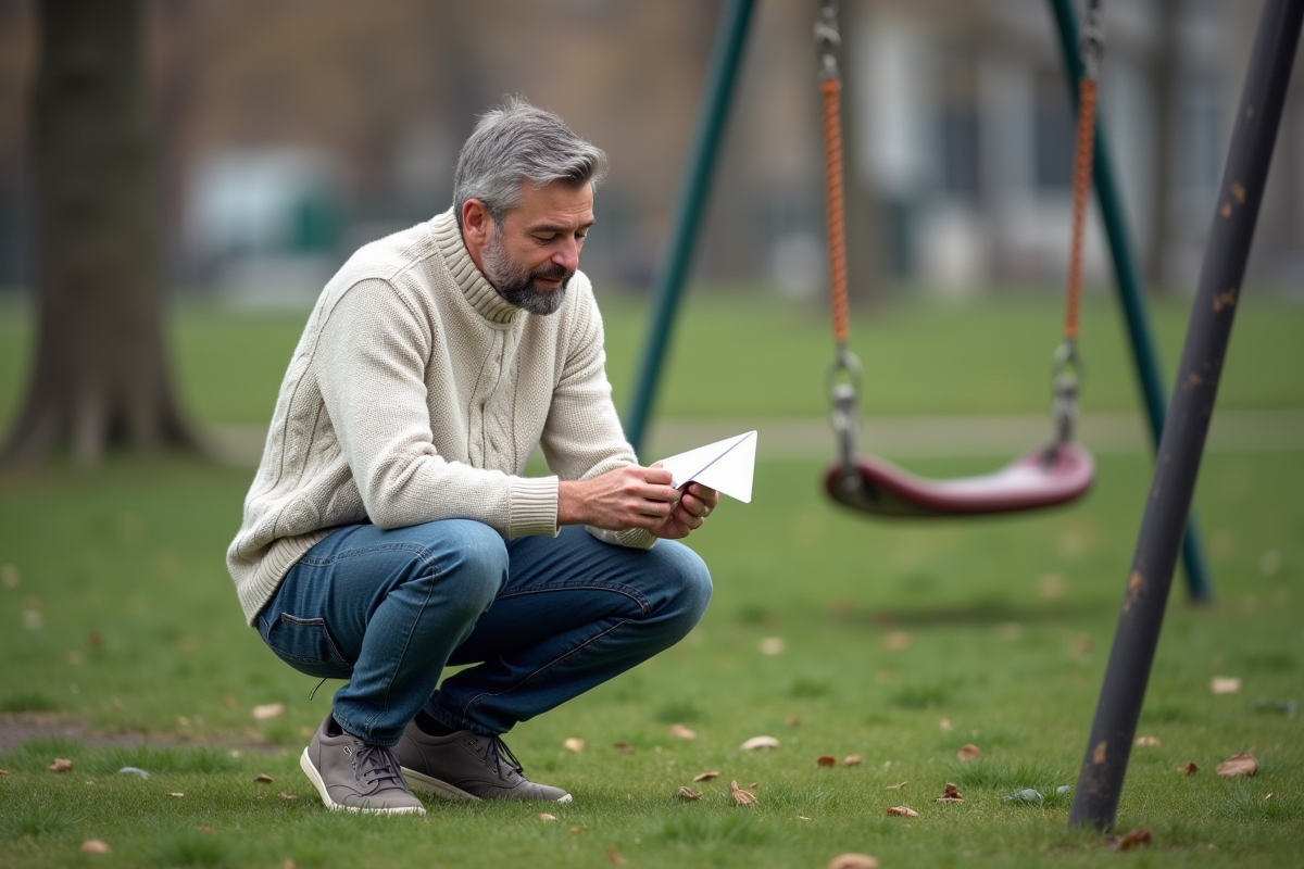 Homme regardant un avion en papier dans un parc urbain
