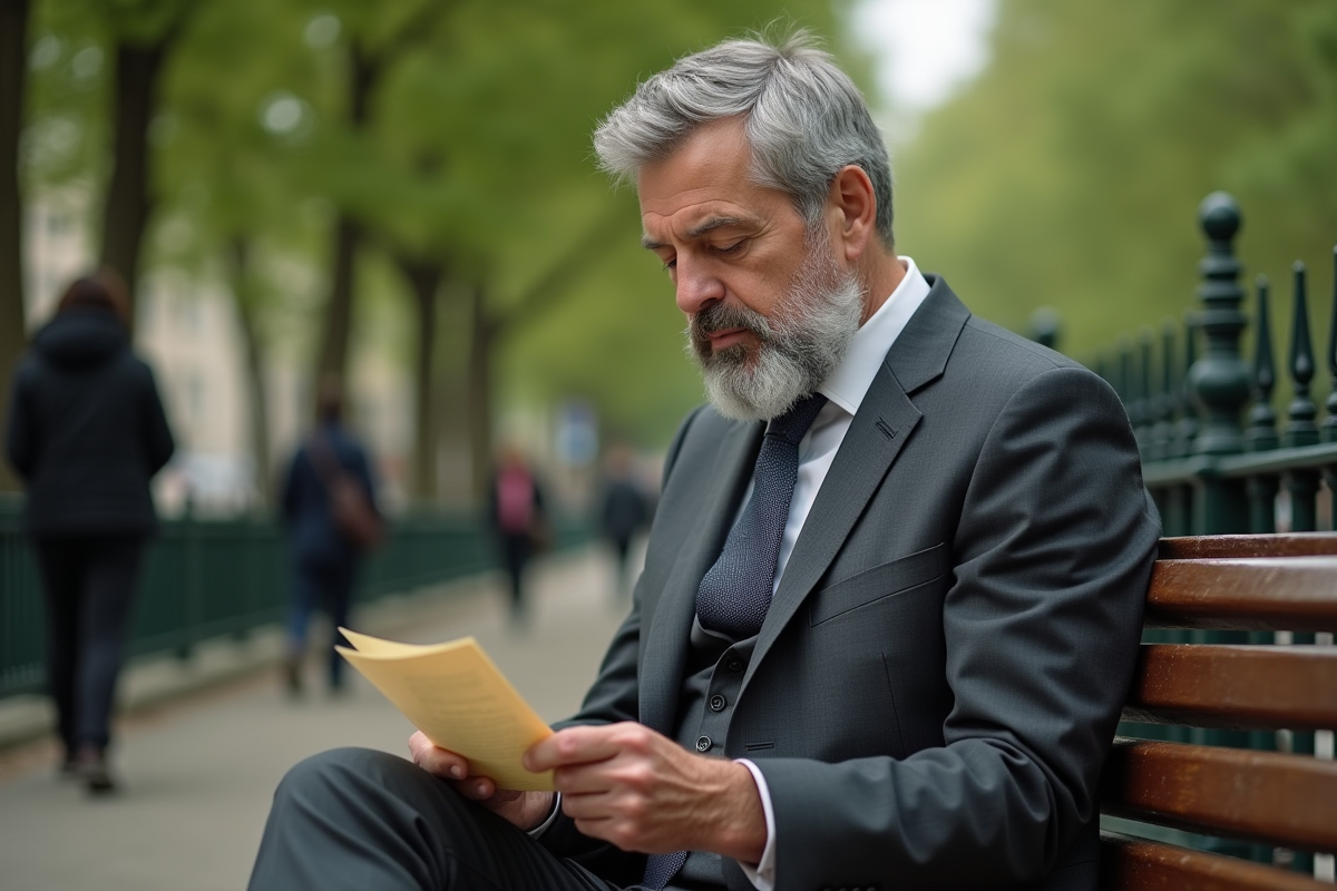 Homme lisant une lettre dans un parc parisien