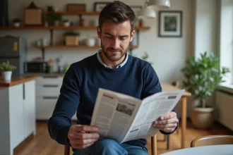 Homme lisant un journal dans une cuisine lumineuse