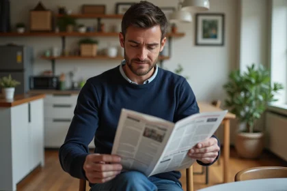 Homme lisant un journal dans une cuisine lumineuse