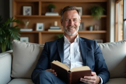 Homme d'âge moyen en costume dans un salon lumineux