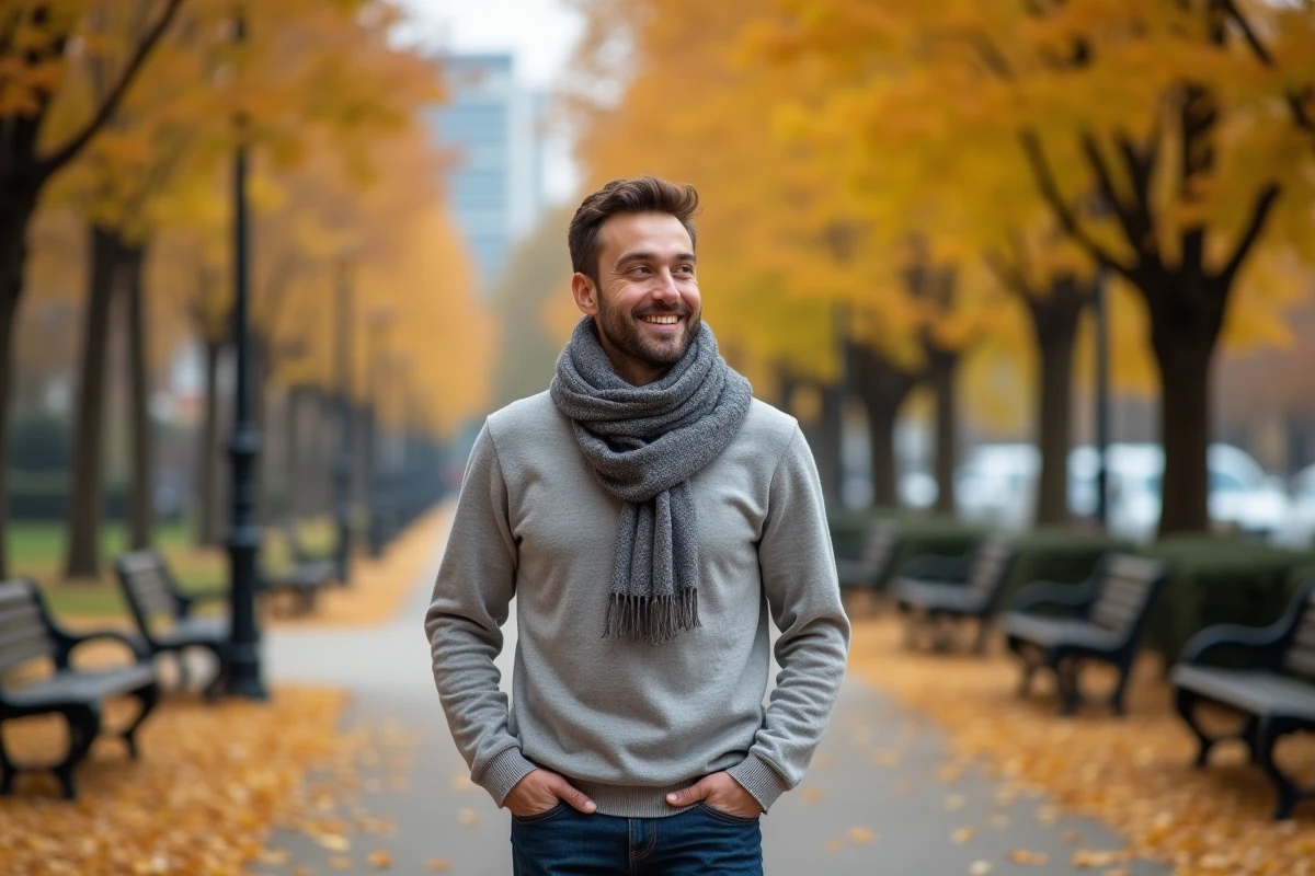 Homme souriant se promenant dans un parc automnal