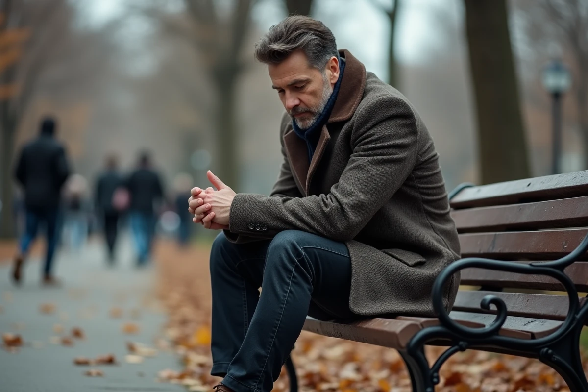 Homme seul assis sur un banc de parc en automne, pensif et accablé, évoquant le poids moral d'une relation extraconjugale
