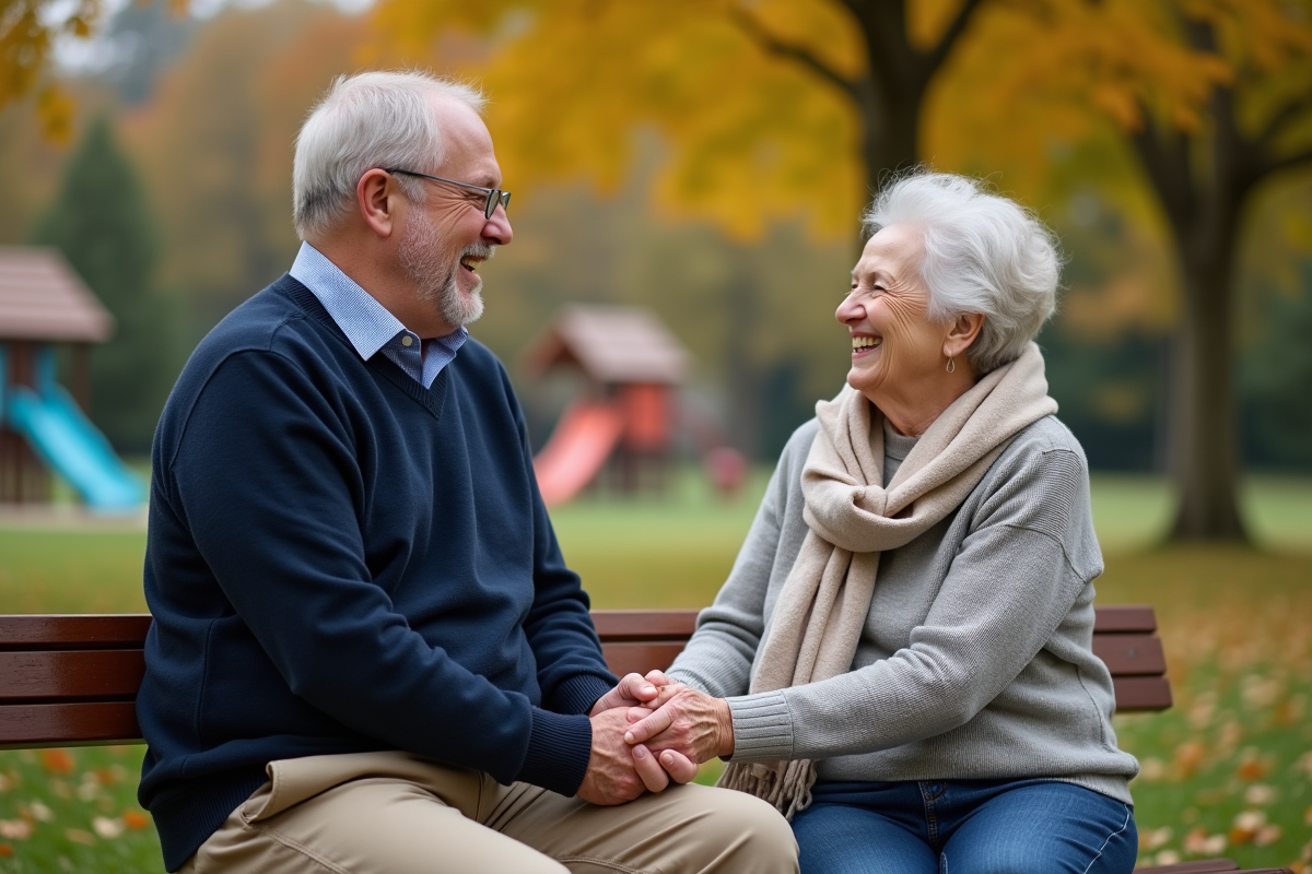 Homme et femme riant assis sur un banc dans un parc
