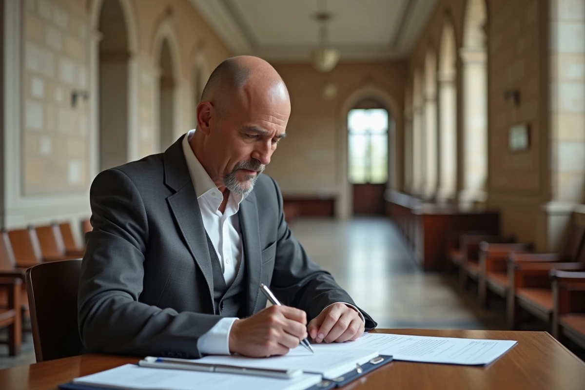 Homme remplissant un document officiel dans le couloir d'un tribunal pour justifier son absence à une audience