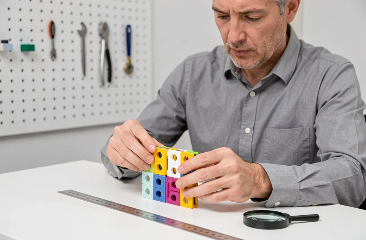 Expert en sécurité inspectant la taille et la qualité des pièces d'un jeu magnétique