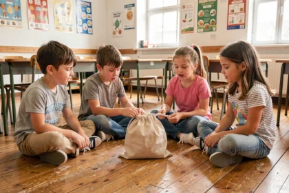 Groupe d'enfants jouant au jeu touche touche pas en classe avec un sac mystère en tissu