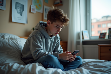 Adolescent concentré sur son smartphone dans sa chambre