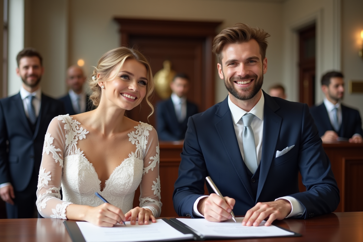 Jeune couple marié signant documents à la mairie