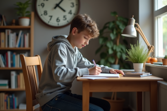 Adolescent concentré à écrire dans son carnet dans sa chambre