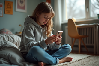 Jeune fille de 15 ans avec hoodie dans sa chambre