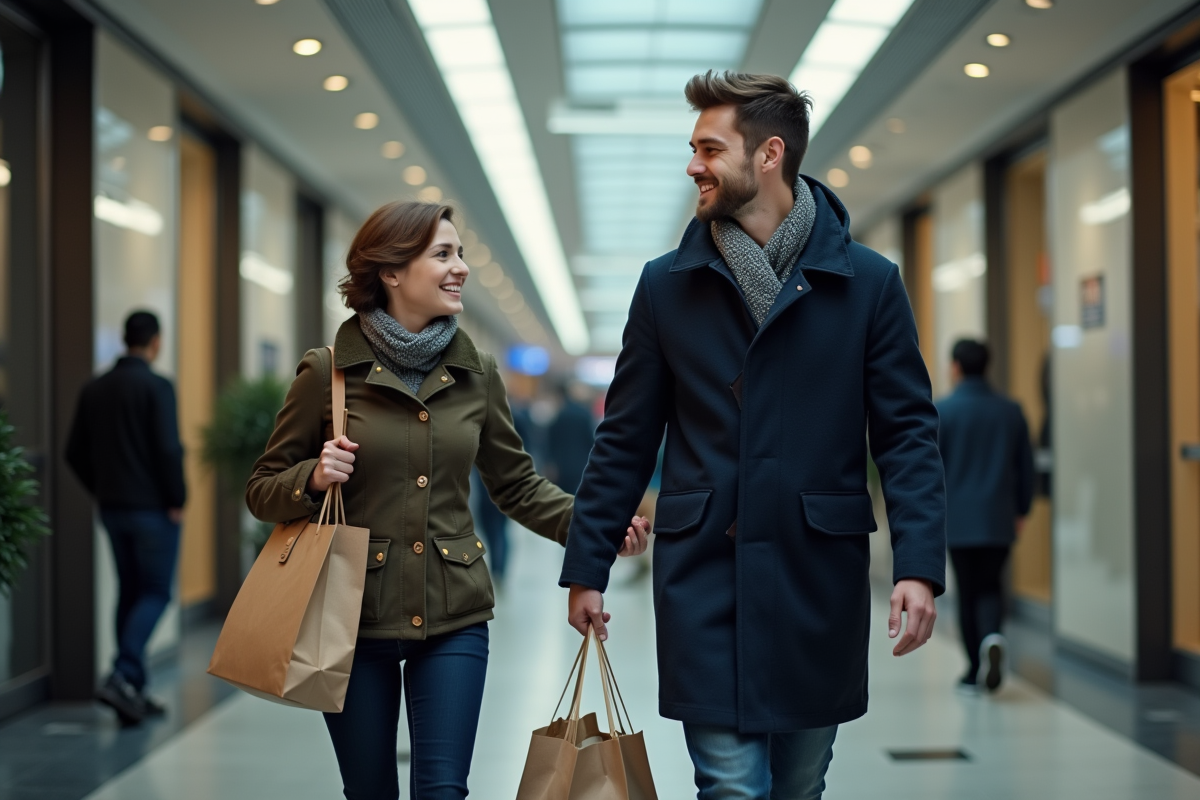Jeune homme aidant une mère avec ses courses dans un bâtiment urbain