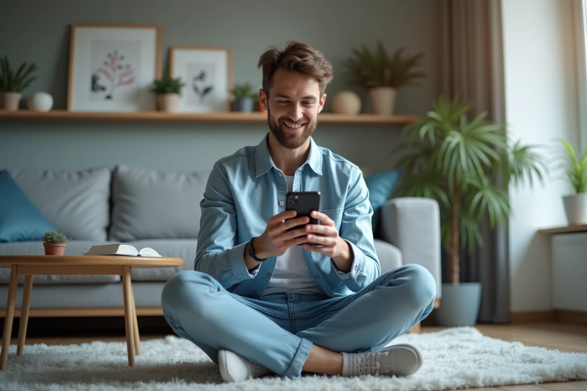 Jeune homme envoyant une carte d'anniversaire animée gratuite depuis son smartphone dans un salon moderne