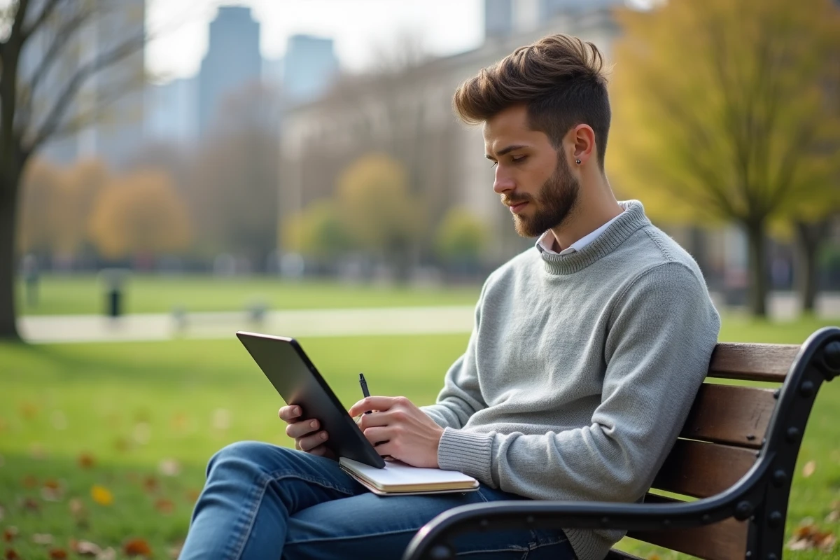 Jeune homme utilisant une tablette dans un parc urbain