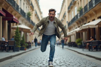 Jeune homme trébuche dans une rue pavée parisienne