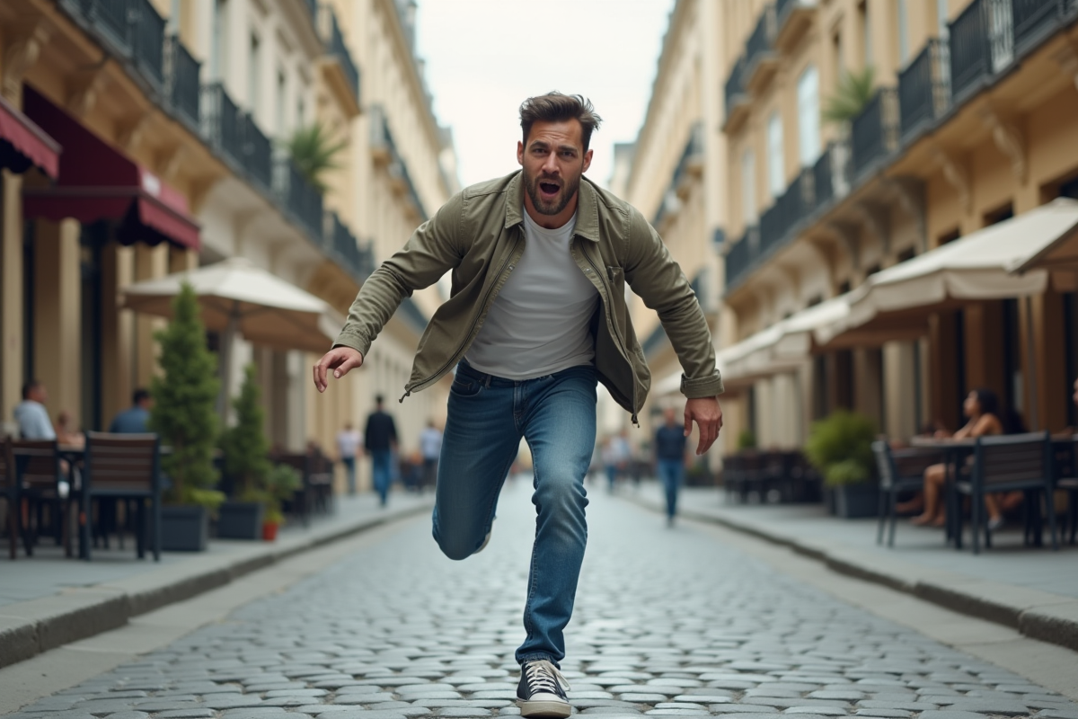 Jeune homme trébuche dans une rue pavée parisienne