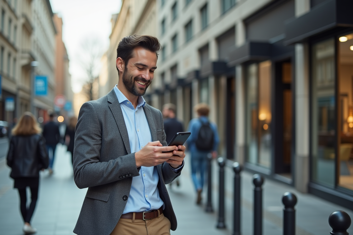 Jeune homme en ville regardant son téléphone avec sourire