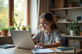 Adolescent utilisant un ordinateur à la maison pour des devoirs