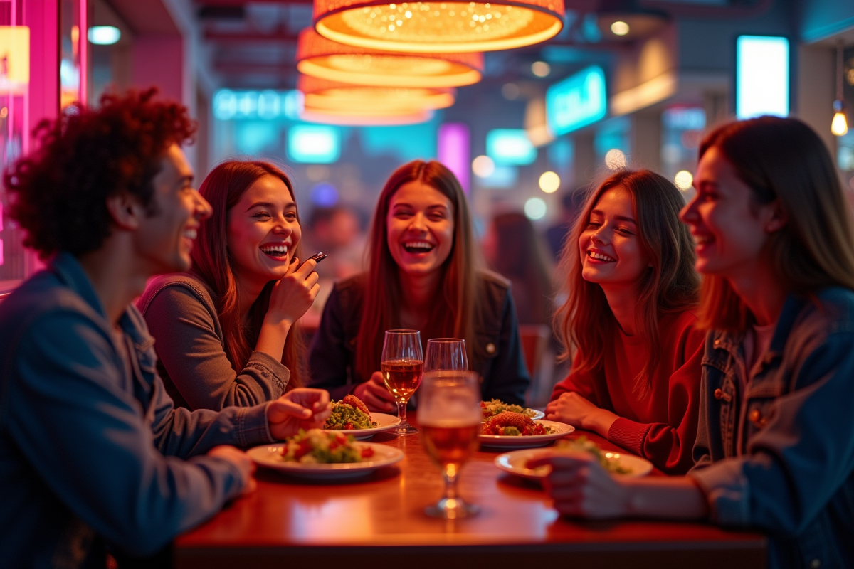 Jeunes branchés partageant un repas dans un restaurant parisien