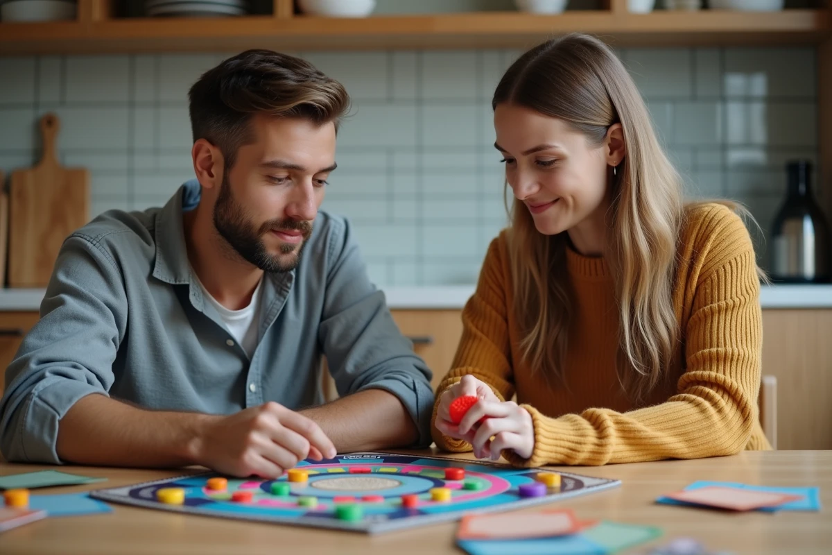 Deux joueurs adultes en pleine partie de Trivial Pursuit autour d'un plateau de jeu ouvert