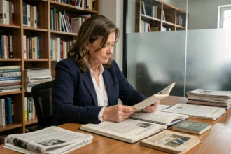 Journaliste professionnelle lisant une biographie à son bureau dans une salle de rédaction