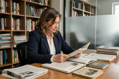 Journaliste professionnelle lisant une biographie à son bureau dans une salle de rédaction