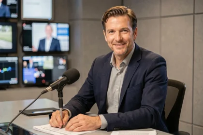 Journaliste français en plateau télévision, portrait professionnel en studio broadcast