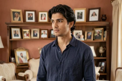 Portrait d'un jeune homme aux origines méditerranéennes dans un salon familial entouré de photos de famille