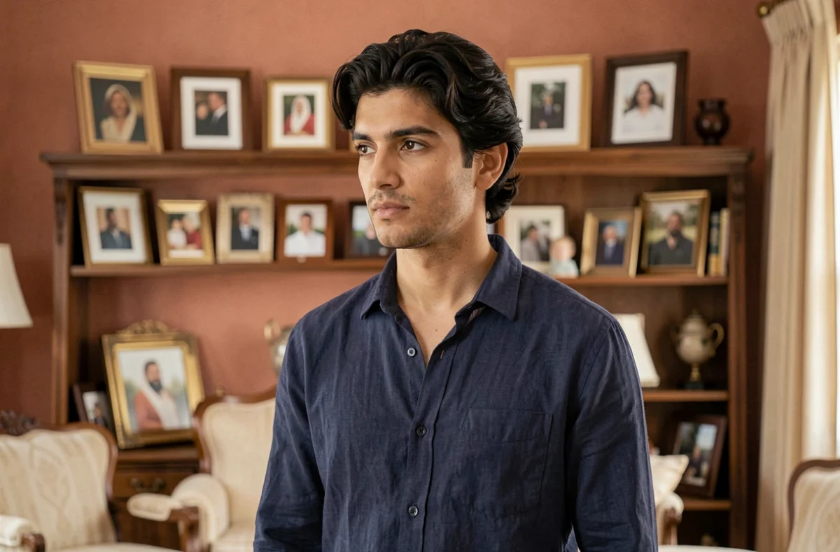 Portrait d'un jeune homme aux origines méditerranéennes dans un salon familial entouré de photos de famille