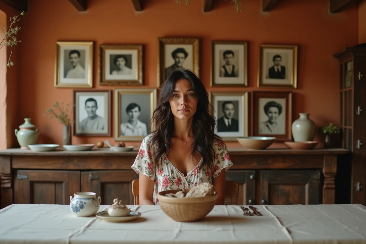 Femme d'origine italienne assise dans une cuisine rustique entourée de photos de famille vintage, évoquant l'histoire familiale et les racines italiennes