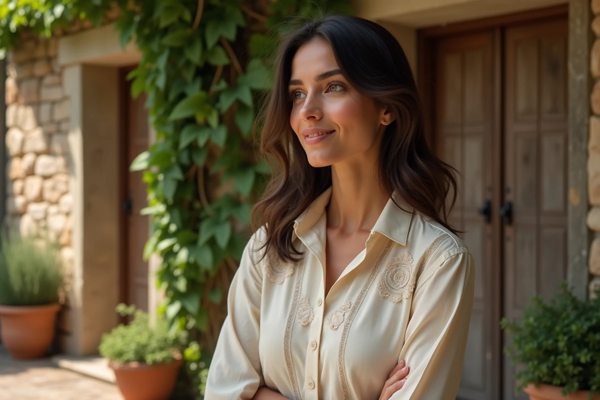 Femme aux origines italiennes devant une villa toscane en pierre, illustrant l'histoire familiale et les racines méditerranéennes de Kelly Vedovelli
