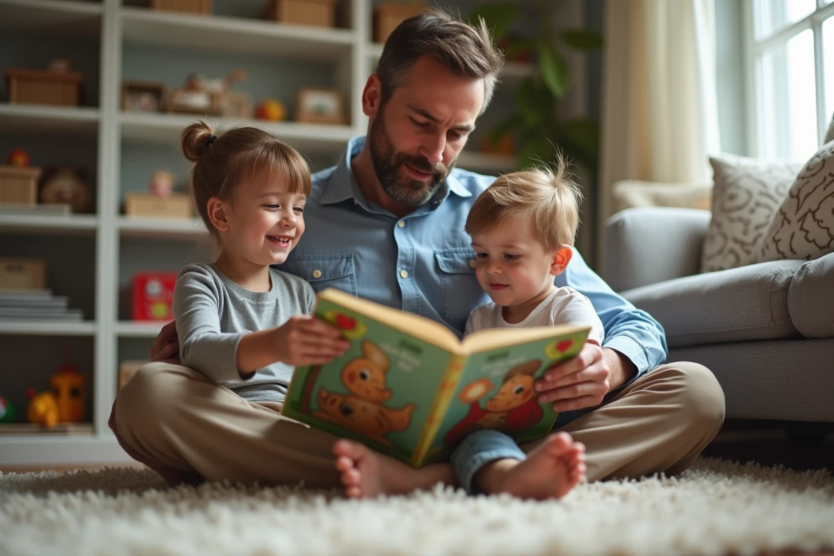 Parent lisant un livre à deux enfants dans le salon familial
