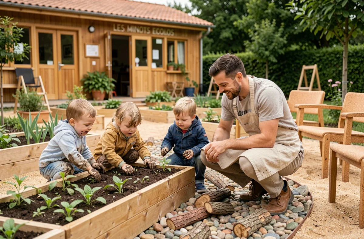 Jardin écologique de la crèche Les Minots Ecolos à Marseille avec un éducateur et des enfants cultivant des légumes dans des bacs en bois