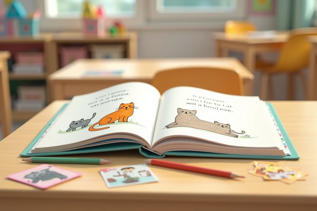 Livre de comptines ouvert avec pictogrammes et paroles de 3 petits chats posé sur une table en bois avec des crayons colorés autour