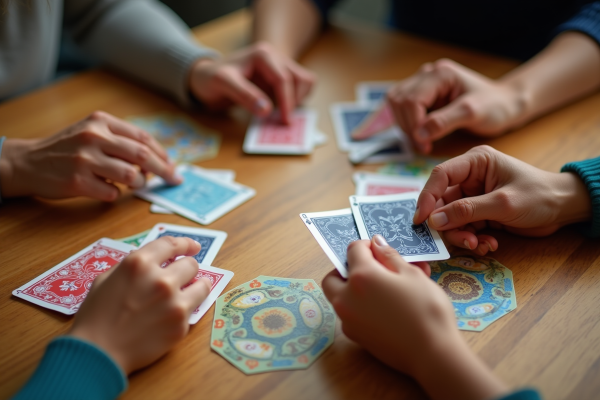 Mains distribuant des cartes de jeux familiaux sur une table en bois