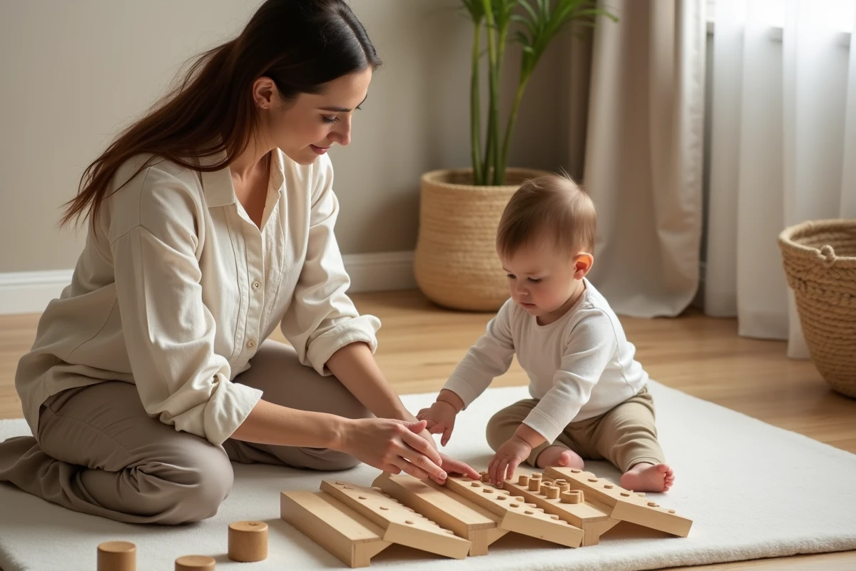 Maman accompagnant son bébé sur un parcours motricité Montessori avec rampes en bois et blocs sensoriels