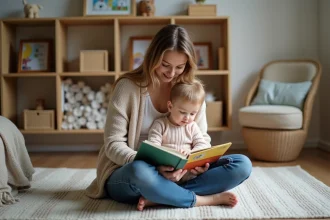 Maman lit un livre à son enfant dans un salon chaleureux