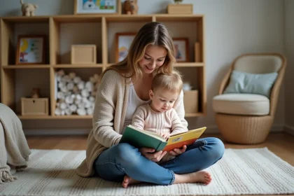 Maman lit un livre à son enfant dans un salon chaleureux