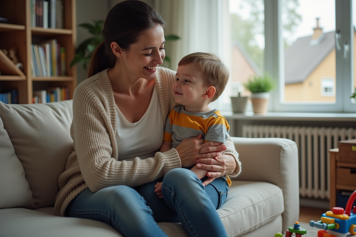 Femme consolant son jeune enfant dans un salon chaleureux