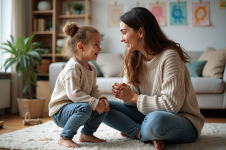 Maman et sa fille partageant un moment chaleureux dans le salon