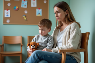 Maman inquiète avec son enfant à la clinique pédiatrique