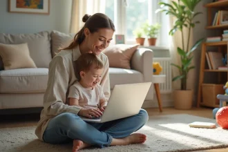 Femme et enfant riant devant un ordinateur dans un salon cosy