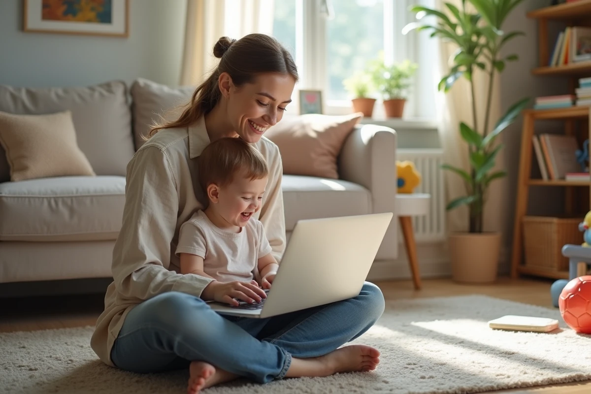 Femme et enfant riant devant un ordinateur dans un salon cosy