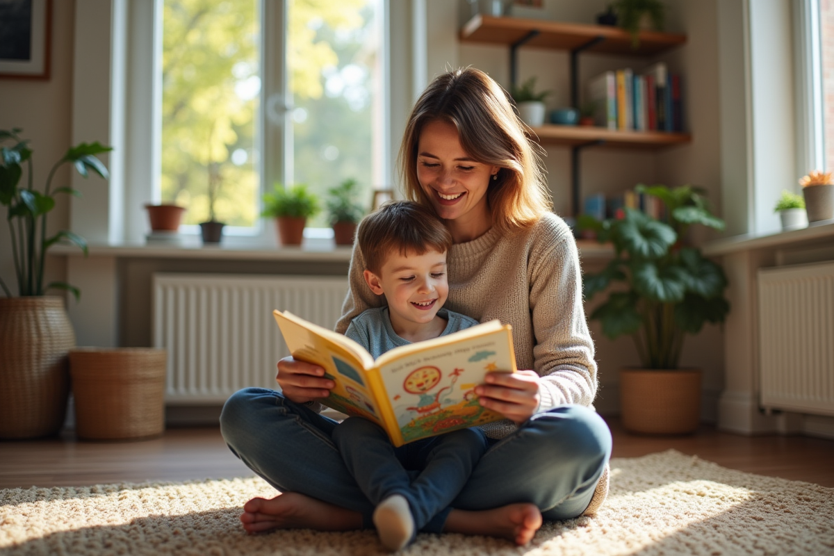 Femme et enfant riant en lisant un livre dans le salon