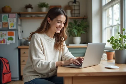 Jeune maman souriante vérifiant son compte Xpassfam à la maison