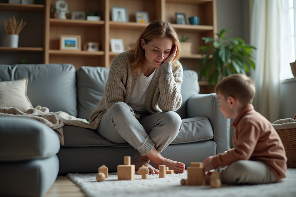 Maman fatiguée assise dans le salon familial